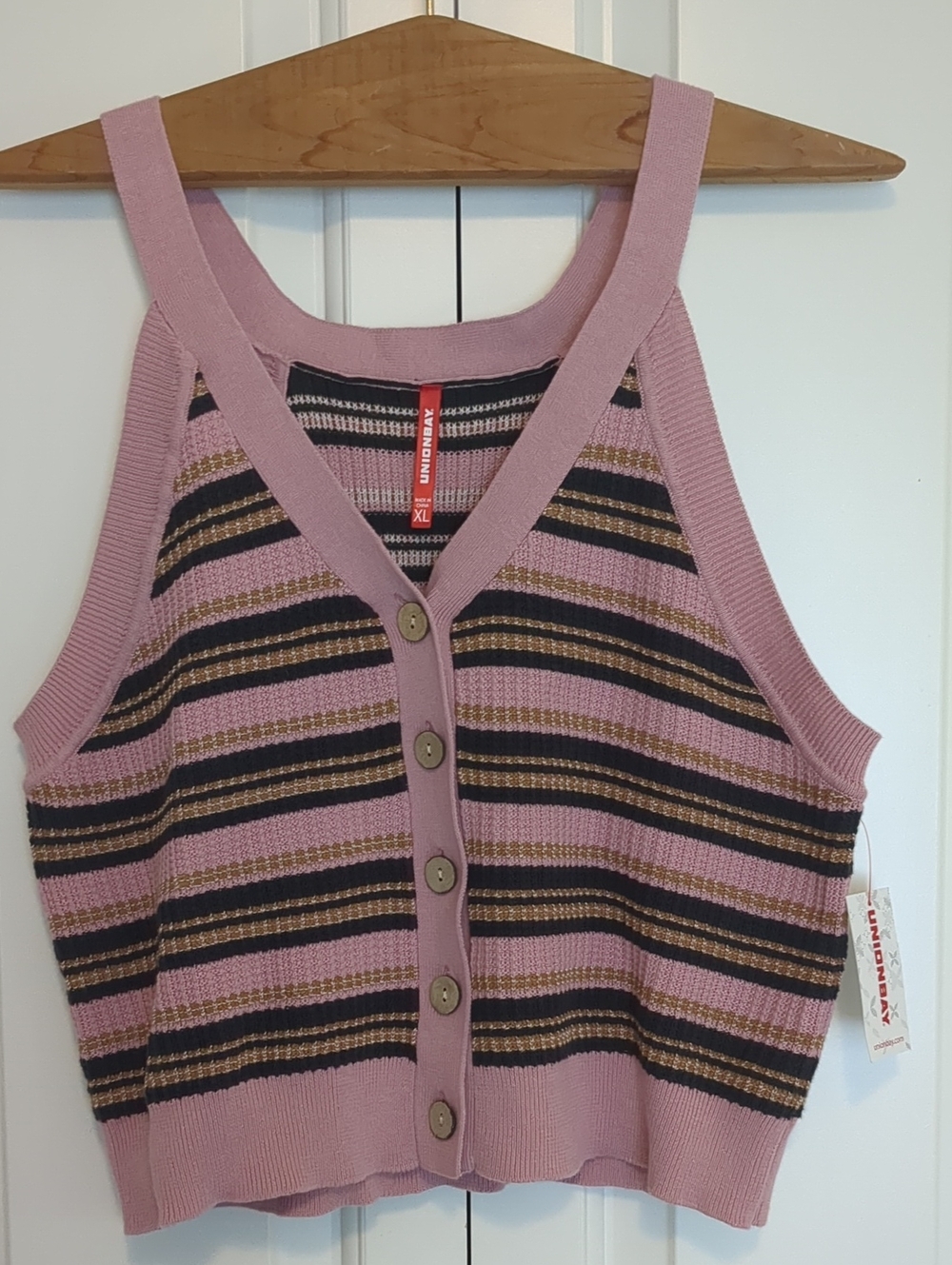 UNIONBAY Pink & Brown Striped Button-Front Cropped Tank, Junior XL , NWT